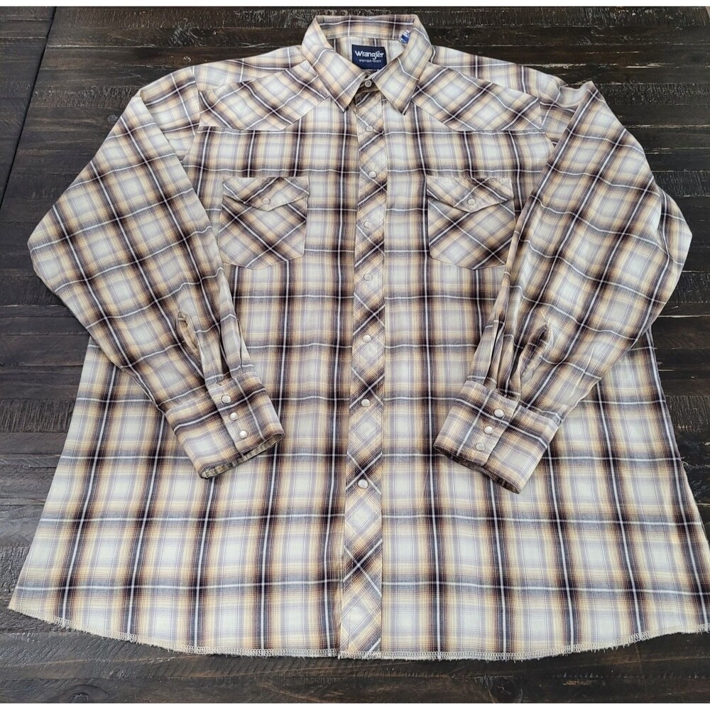 Wrangler Size 2XLT Men’s Gray Tan Plaid Pearl Snap Long Sleeve Western Shirt